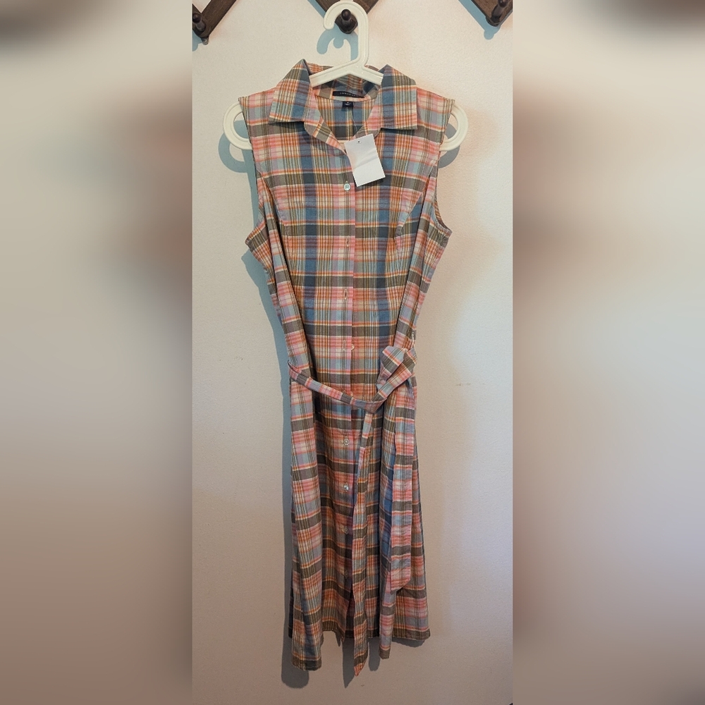 Sleeveless Plaid Shirt Dress with Self Belt - Multi Pink